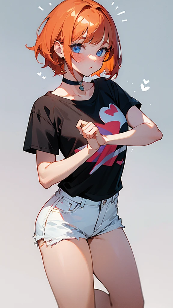 girl, fair skin, ginger short hair, bangs on the side of her head, blue eyes, blush on her cheeks, white choker with a heart, black T-shirt with a white print, short denim shorts, white sneakers, a wh