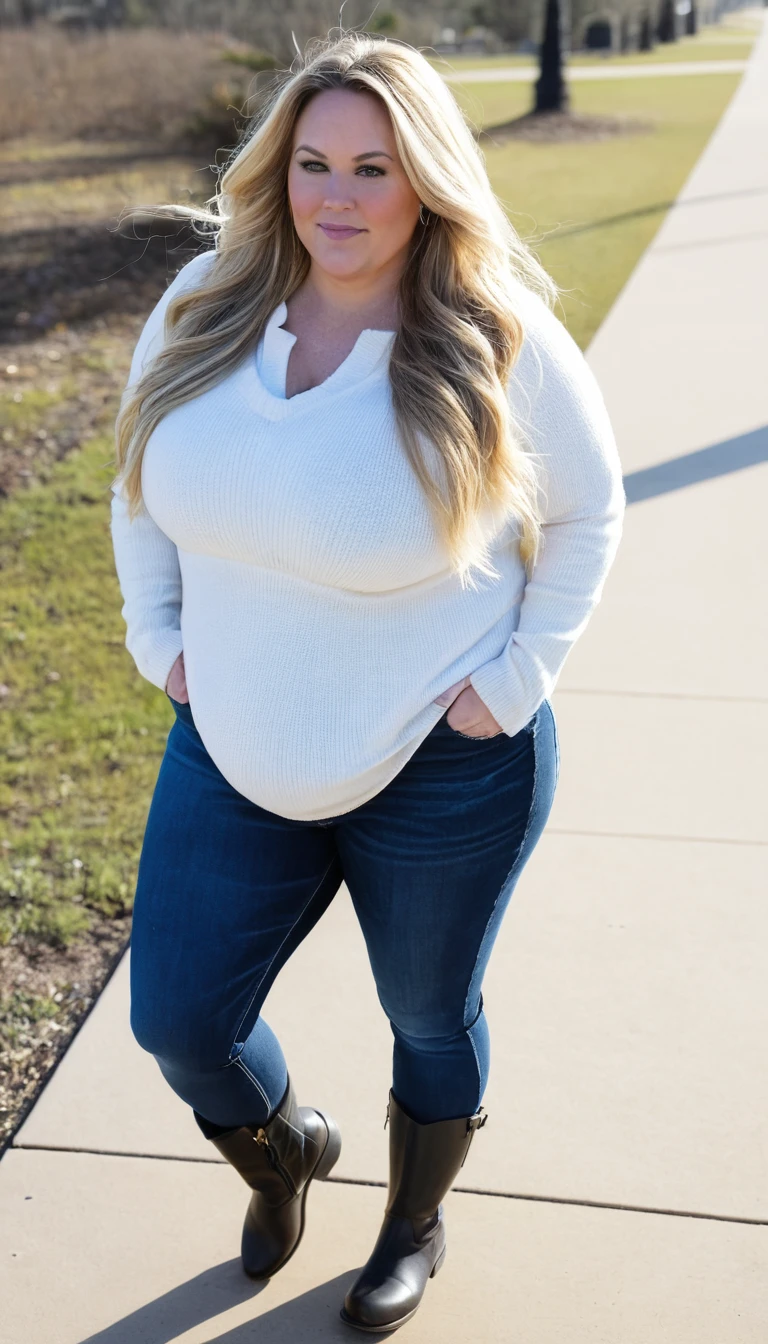 Two chubby woman, 40 years old white Caucasian woman walking outside, day time, Mississippi, Gulfport, cold winter day, long straight blonde messy hair, casually and daily dressed, big hips, thick thighs, casual winter clothed, natural big breasts, Full Body Shot, From Above View, High Angle View, selfie, serious, close up, acne face