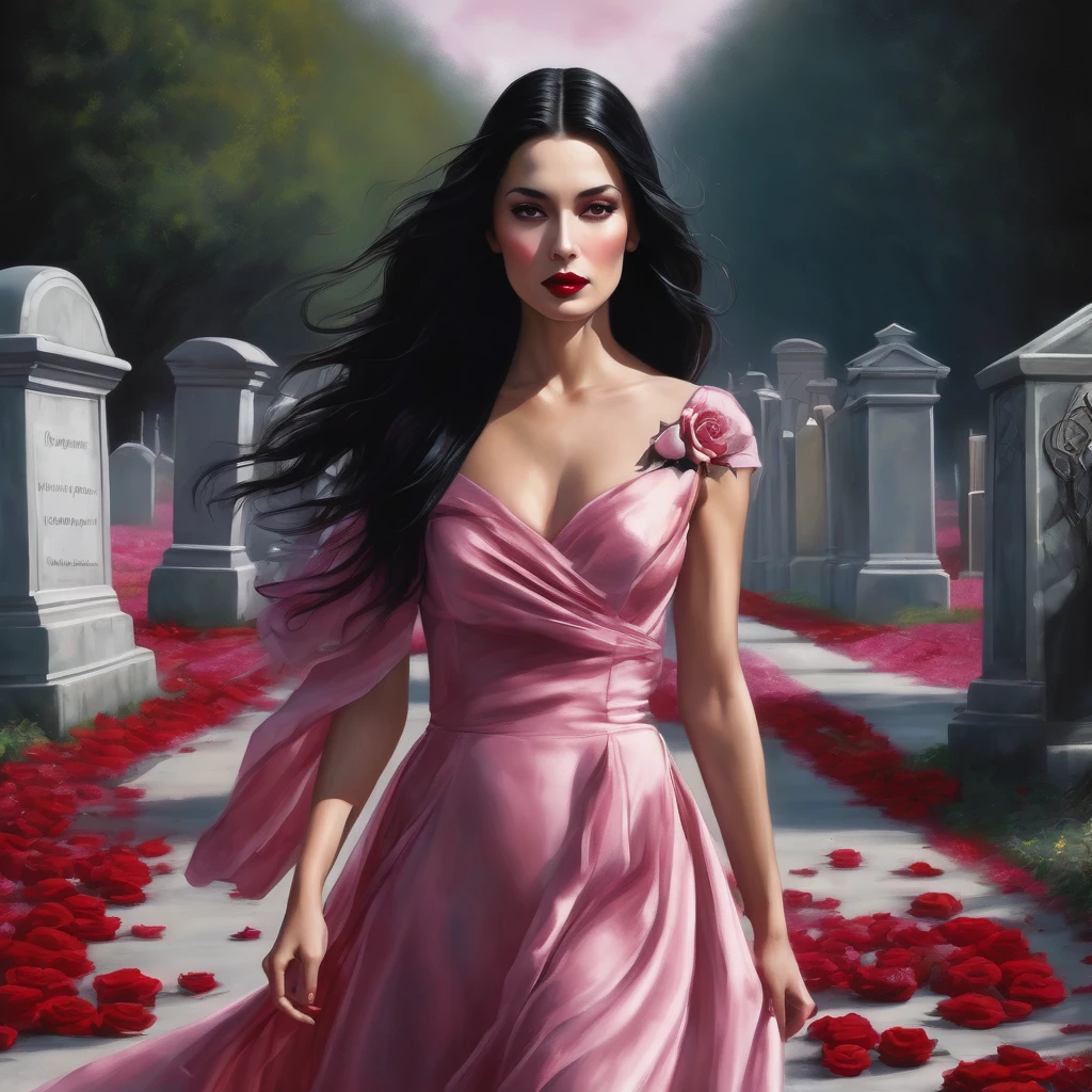 one pretty woman,Youngh,long black  hair,red flowing dress,walking on a road,Frontal image.hyper realist.red rose in hair,red lipgloss stick.pink cute dove from the cemetery 