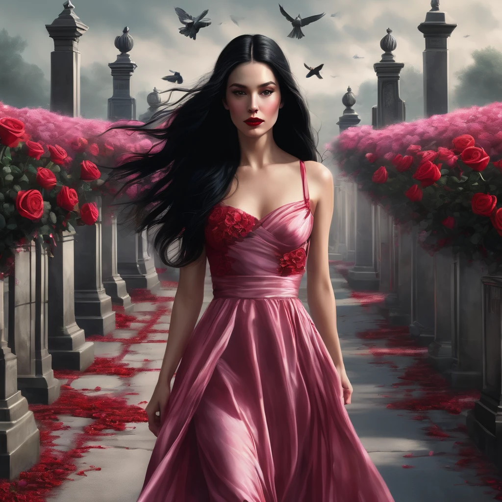 one pretty woman,Youngh,long black hair,red flowing dress,walking on a road,Frontal image.hyper realist.red rose in hair,red lipgloss stick.
