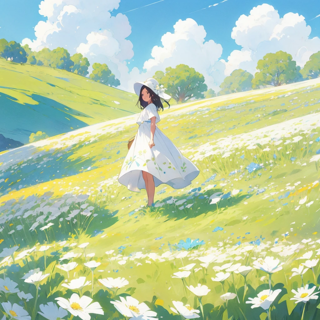 Landscape photo of vast white flower field, A girl standing in a flower field and looking up at the blue sky, Artistic Graphic Arts