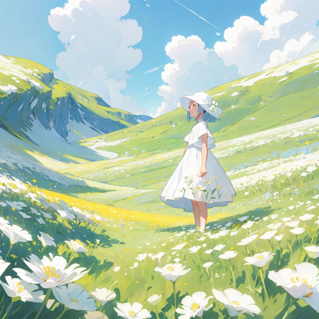Landscape photo of vast white flower field, A girl standing in a flower field and looking up at the blue sky, Artistic Graphic Arts