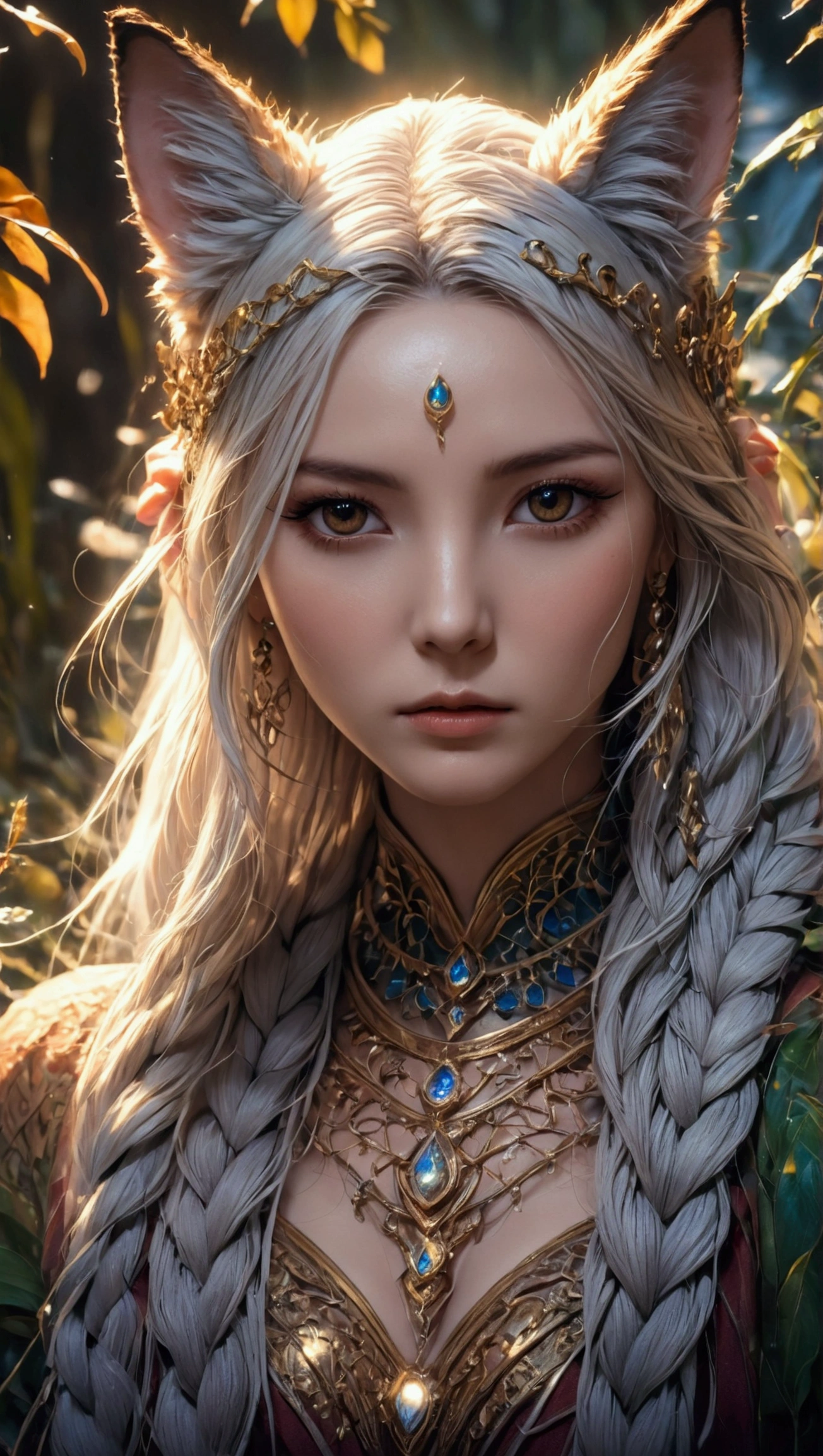 A beautiful, enchantingly elusive humanoid faunus woman, every aspect exudes magic in the midst of danger: shimmering rainbow fur, ethereal golden horn, and eyes that seem to hold the secrets of the universe. The mystical creature is surrounded by a lush, enchanted forest, bathed in the soft light of the setting sun, creating a dreamlike atmosphere that transports viewers to a realm of fantasy and wonder. This breathtaking image is a digital painting that captures the essence of the mythical creature with stunning detail and masterful technique, making it a truly mesmerizing work of art.