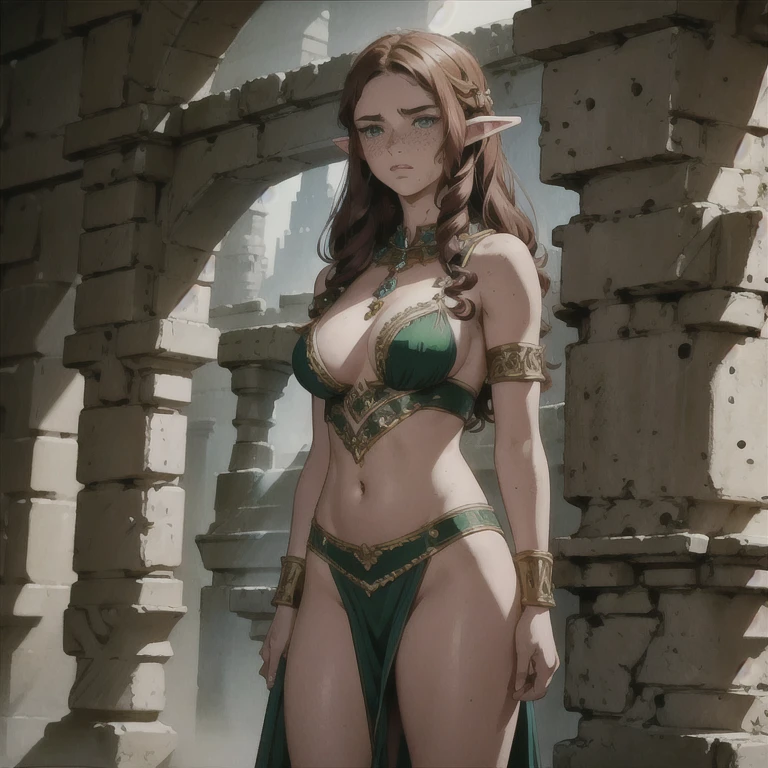 (masterpiece), best quality, expressive eyes, perfect face, in cage, skinny, (medium breast size), (18 years old), (arms at side), elf, female, slave, (freckles), (dark green eyes), (red hair), (curly hair), (belly dancer clothes), european face, (thick lips), pointy face, (worried look), (full body view)