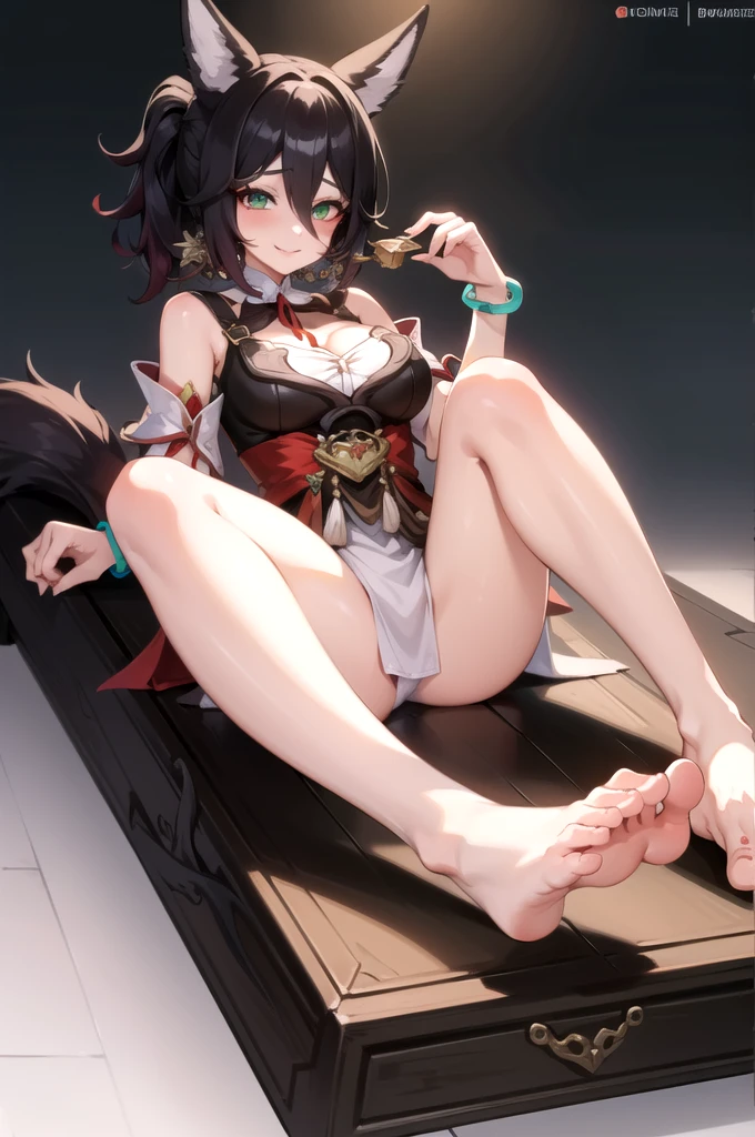1girl, solo, (masterpiece, best quality:1.4), extremely detailed face, perfect lighting, tingyunhsr, green eyes, hair between eyes, ponytail, animal ears, fox tail, jewelry, dress, cleavage, bracelet, clothing cutout, cow((boy shot,lift one's legs,toes,both feet)),evil smile,