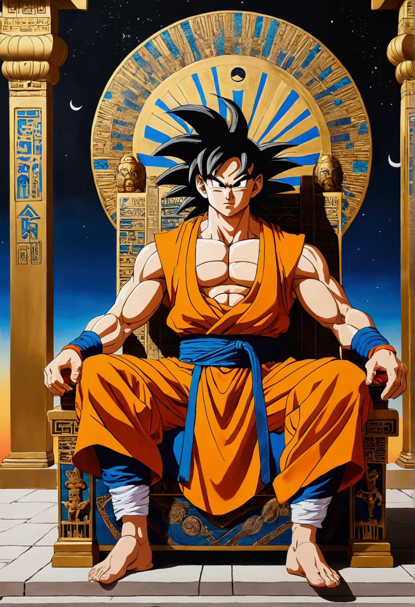 Chinese painting , goku in egyptian robes , sitting on throne , anime style , super saiyan 3