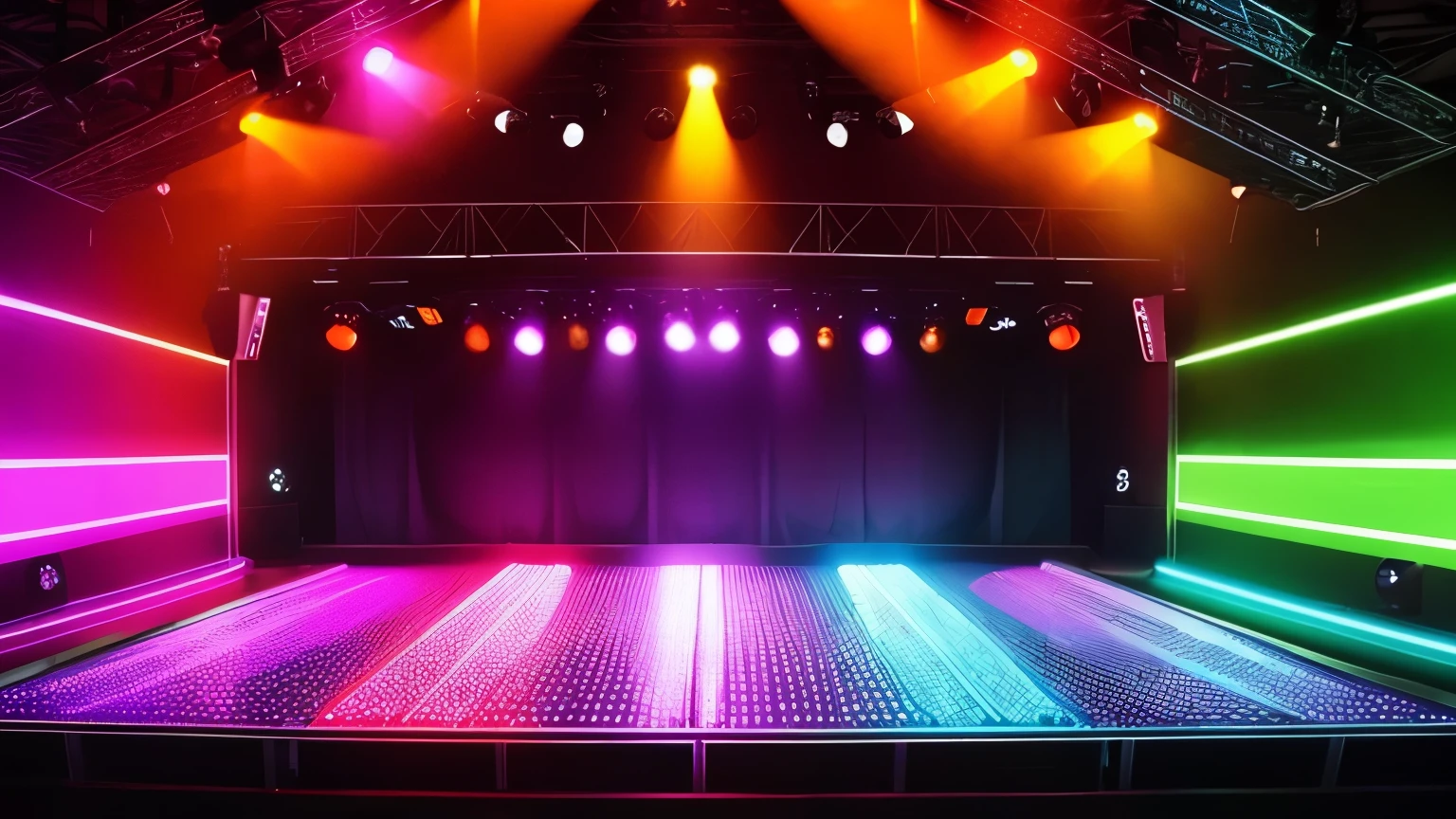 criar um ambiente de disco on 70,80s , eletronic style, stage, lights, power speakers,amplicadores de som,equelizadores, no figures no ambiente, color lights decoration, unique disco
