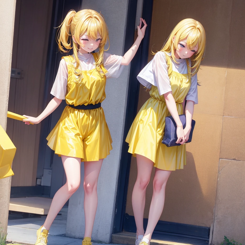 A clumsy, yellow-haired girl wearing yellow clothes。Looking at the camera and smiling shyly。