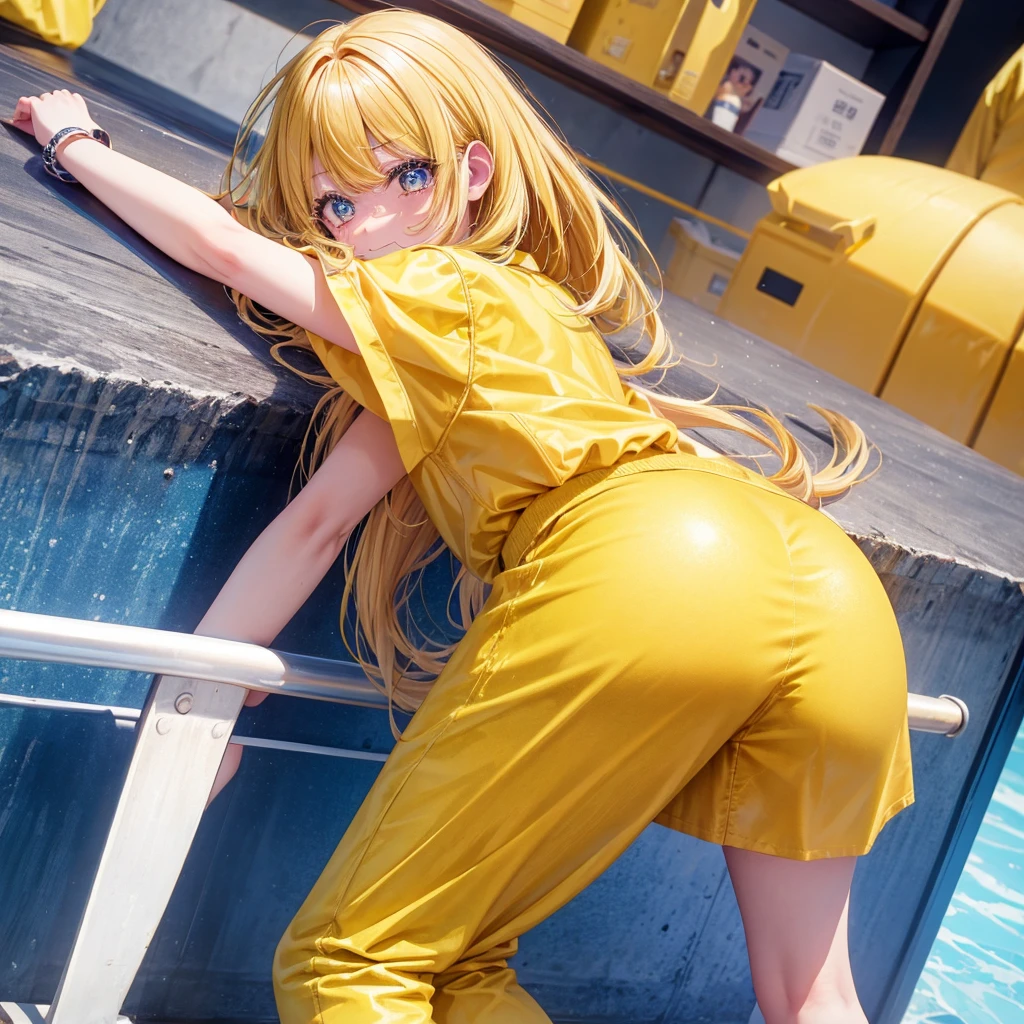 A clumsy, yellow-haired girl wearing yellow clothes。Looking at the camera and smiling shyly。