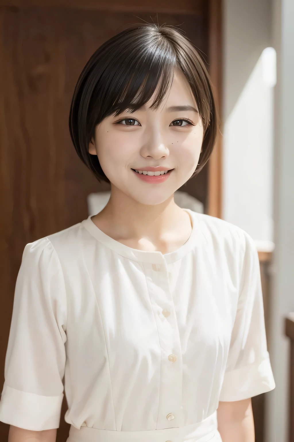 (natural lighting:1.3), 8k, RAW photo, best quality, masterpiece, realistic, photo-realistic, clear, beautiful face, no makeup, best quality, ultra high res, BREAK, Japanese cute girl, , (short cut hair:1.2), smile, standing