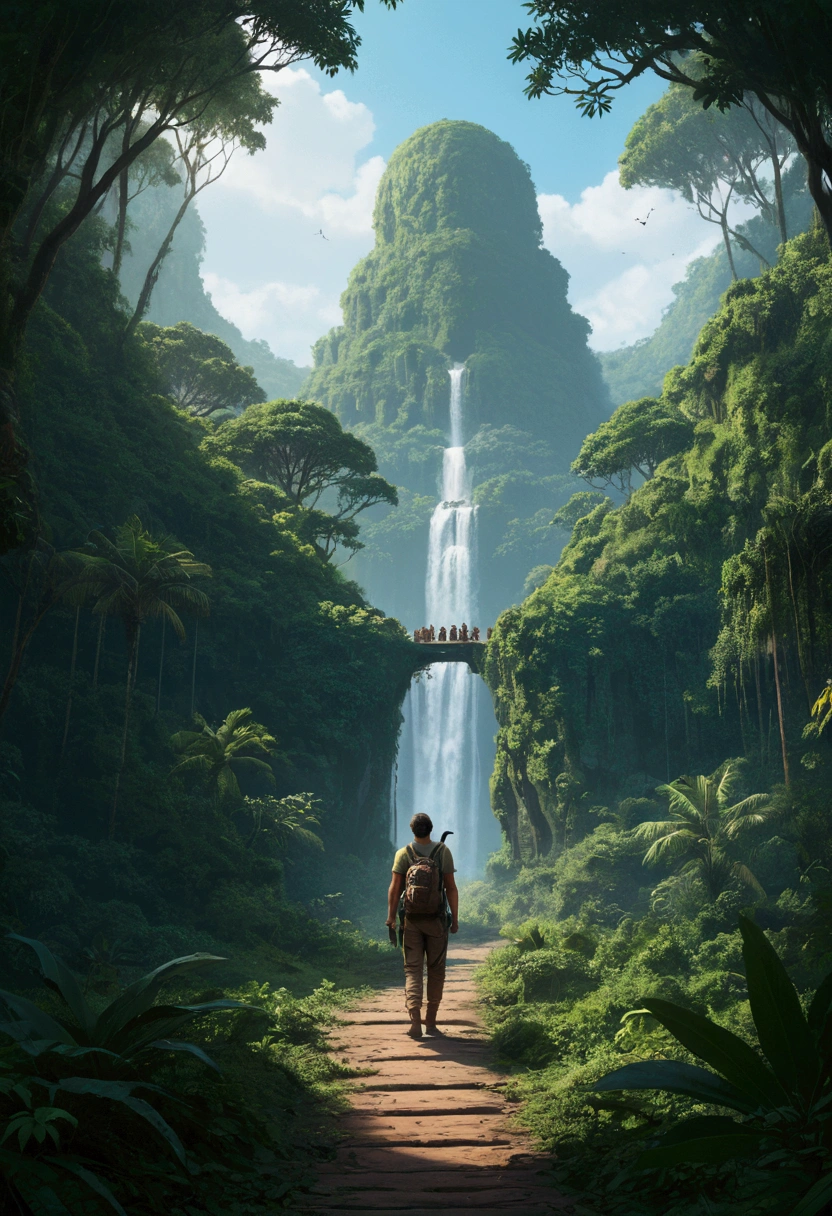 Jungle Adventure, full body, by Alena Aenami, cinematic still, (best quality, masterpiece), very aesthetic, perfect composition, intricate details, ultra-detailed, vivid colors