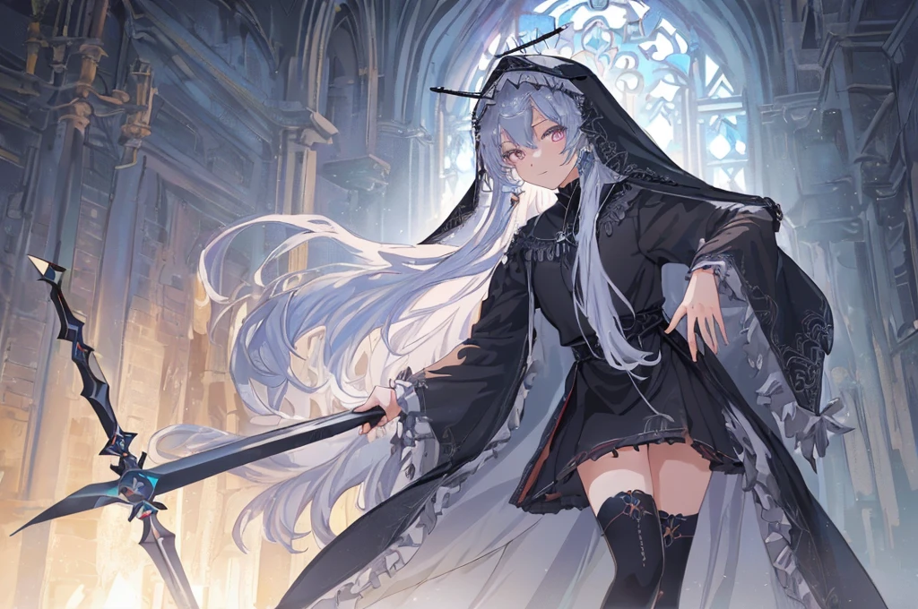 [(cathedral background:1.4)::5],Original,(Illustration:1.1),(Best Quality),(masutepiece:1.1),(the Extremely Detailed CG Unity 8K Wallpapers:1.1), (Colorful:0.9),(mid-shot:0.95),(upper body:1.5),Dynamic Angle,(Solo:1.2), (girl),(((Adult))), (Detailed beautiful eyes:1.15), (Beautiful face:1.15), (Glowing black eyes:1.25////),(Blue Long Hair),(nun headdress),(+perfect hand+:1.21),(Draw an illustration of a Holy Knight Wizard),(Religious),(slender),(she has boots on her feet),((I'm wearing black knee-high socks)),Smile,(Ruffled miniskirt with metal embellishments),beautiful slender adult,((theater background)),dynamic pose,dynamic angle,