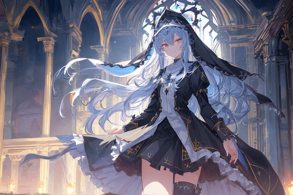 [(cathedral background:1.4)::5],Original,(Illustration:1.1),(Best Quality),(masutepiece:1.1),(the Extremely Detailed CG Unity 8K Wallpapers:1.1), (Colorful:0.9),(mid-shot:0.95),(upper body:1.5),Dynamic Angle,(Solo:1.2), (girl),(((Adult))), (Detailed beautiful eyes:1.15), (Beautiful face:1.15), (Glowing black eyes:1.25////),(Blue Long Hair),(nun headdress),(+perfect hand+:1.21),(Draw an illustration of a Holy Knight Wizard),(Religious),(slender),(she has boots on her feet),((I'm wearing black knee-high socks)),Smile,(Ruffled miniskirt with metal embellishments),beautiful slender adult,((theater background)),dynamic pose,dynamic angle,