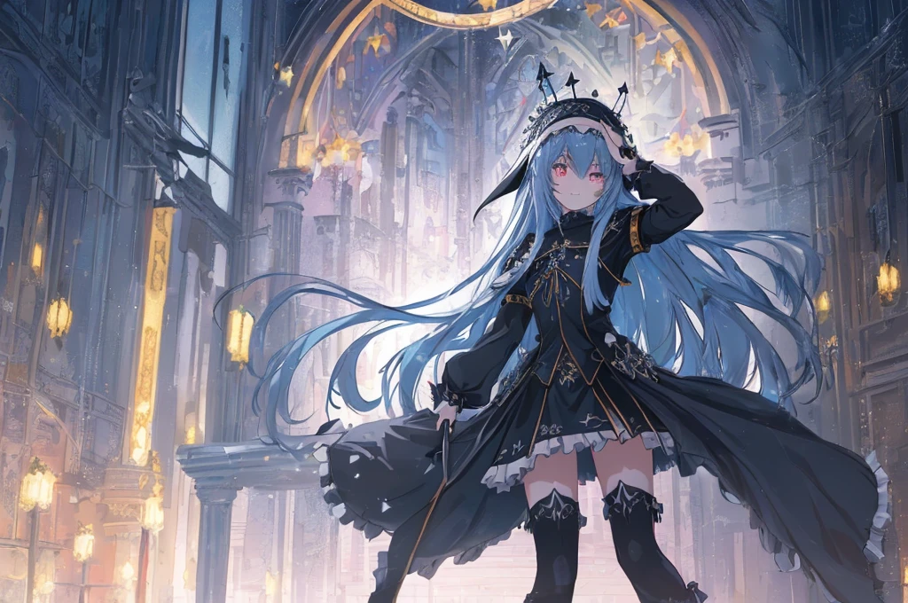 [(cathedral background:1.4)::5],Original,(Illustration:1.1),(Best Quality),(masutepiece:1.1),(the Extremely Detailed CG Unity 8K Wallpapers:1.1), (Colorful:0.9),(mid-shot:0.95),(upper body:1.5),Dynamic Angle,(Solo:1.2), (girl),(((Adult))), (Detailed beautiful eyes:1.15), (Beautiful face:1.15), (Glowing black eyes:1.25////),(Blue Long Hair),(nun headdress),(+perfect hand+:1.21),(Draw an illustration of a Holy Knight Wizard),(Religious),(slender),(she has boots on her feet),((I'm wearing black knee-high socks)),Smile,(Ruffled miniskirt with metal embellishments),beautiful slender adult,((theater background)),dynamic pose,dynamic angle,