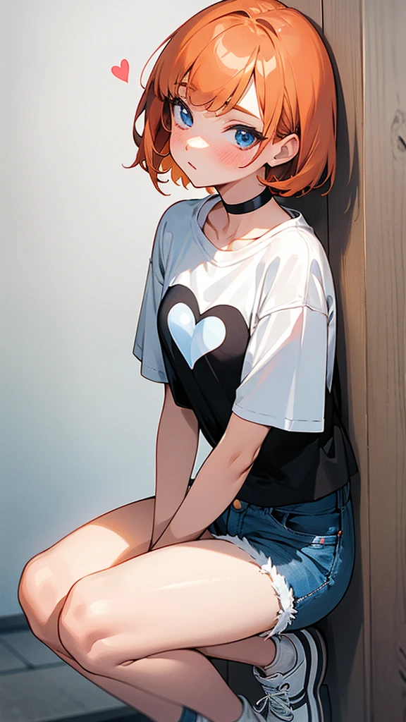 girl, fair skin, ginger short hair, bangs on the side of her head, blue eyes, blush on her cheeks, white choker with a heart, black T-shirt with a white print, short denim shorts, white sneakers, a wh