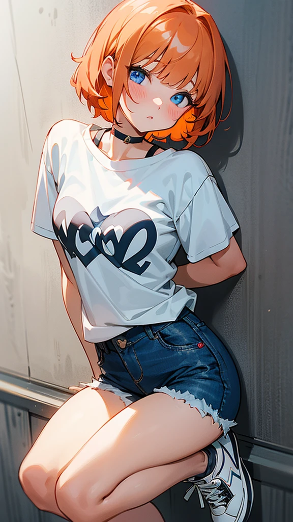 girl, fair skin, ginger short hair, bangs on the side of her head, blue eyes, blush on her cheeks, white choker with a heart, black T-shirt with a white print, short denim shorts, white sneakers, a wh