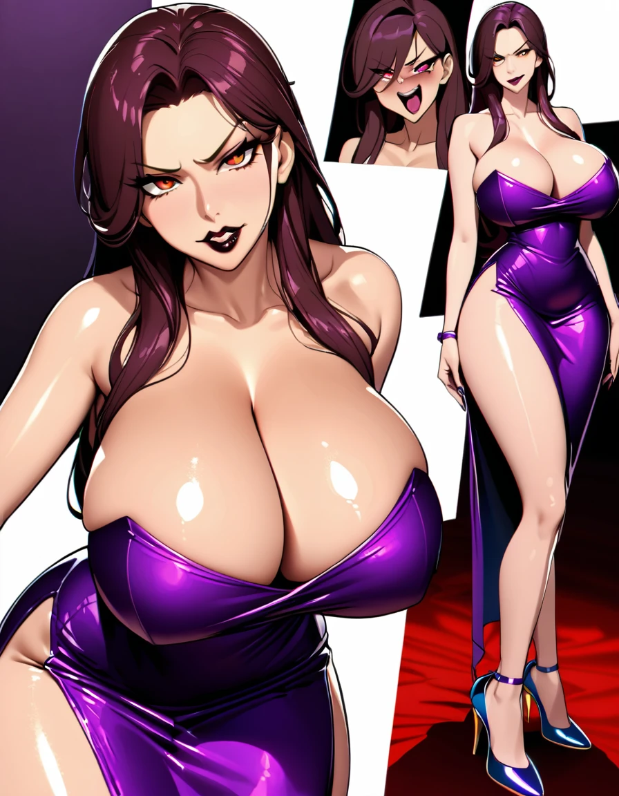 In Medieval Europe, in a castle town close to the royal castle, in Cinderella's family home, a passage from the Grimm fairy tale "Cinderella", a character from the story, 1mature woman, solo, sexy MILF, evil femme fatale, 35yo, Cinderella's stepmother is a greedy and mean beautiful mature woman who loves to bully the weak. With her long brunette hair, clear amber eyes, a high, well-defined nose, and dark lips that shine with a lustrous luster, her stunning beauty is filled with a cruel sexual appeal, making all the men in the world bow down to her, captivating them, and making them want to bully her. Her arrogant divinity was so demonic that it could be called devilish. The prince, who had fallen in love with Cinderella at the ball held last night, also fell in love with her stepmother at first sight, relying on the glass slipper that was left behind. He completely forgot about Cinderella and became a slave, driven mad by love and lust, clinging to Cinderella's wicked stepmother, offering up both royal power and national assets as she asked., (masterpiece, incredibly absurd resolution, absolutely resolution, ultra high resolution, Mature Female, MILF, professional, vivid colors, perfect anatomy, ideal facial features, ideally proportioned figure, perfectly beautiful body, super detailed skin, glossy skin, glistening skin, dark red lips, glossy lips, Glamor, soft and curvy, body conscious, collarbone, cleavage, saggy huge breasts, evil seductive smile, Clear amber eyes, a high, well-defined nose, dark lips that were lustrous and shiny, A long, open-neck dress made of shiny purple satin, with stiletto heels, A mean look, a mean mouth, a mean expression, Slyly and evilly beautiful MILF, with mean eyes, mean mouth, mean expression, and a seductive glare at us, sharp focus, from below, trying to degrade us into a sex slave dominated by insatiable carnal desires.