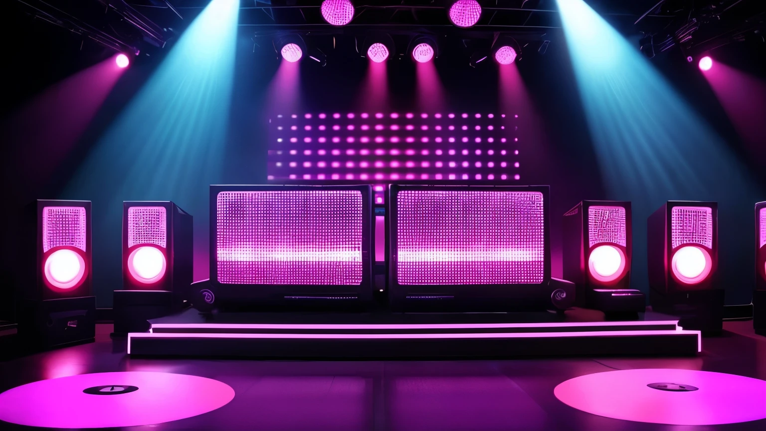 criar um ambiente de disco on 70,80s , eletronic style, stage, lights, power speakers,amplicadores de som,equelizadores, no figures no ambiente, color lights decoration, unique disco
