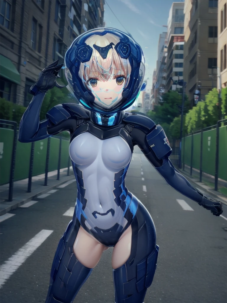 short hair, street, emo, BLACK hair, white eyes, eyeliner, apocalypse, (holding sword), astronaut, fighting stance,  girl,   running, road, city,  fortified suit, ((blue:1.5) plugsuit), short hair, outdoors, cinematic light,  medium breasts, covered navel, space helmet, muvluv, space helm, eva helmet,[[[[