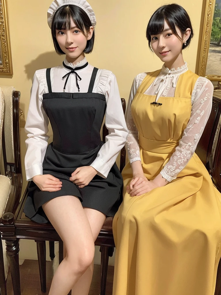 Highest quality、masterpiece、8k、Very detailed、Realistic、Looking at me with a smile、whole body、Black Hair、Short Hair、Small face、Slender、Big Breasts、Thin and beautiful legs、narrow and constricted waist,、Victorian maid clothes