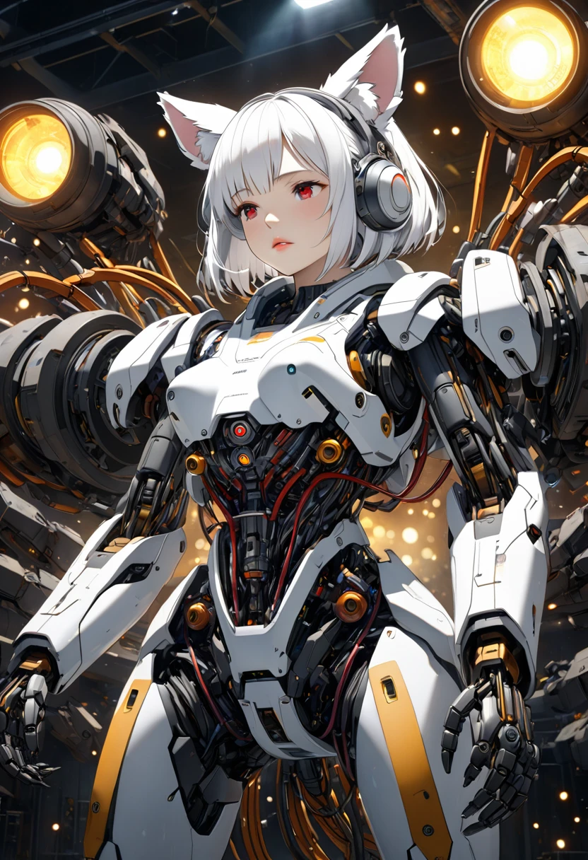 a girl with mechanical body, short white hair with furry ears, white robotic exterior with black mechanism inside, mechanical tail, all white with red eyes and lips, mechanism visible, repair hangar, cables connecting from hangar to body, many mechanical arms repairing body, sparks, eyes closed, front view, (best quality,4k,8k,highres,masterpiece:1.2),ultra-detailed,HDR,UHD,studio lighting,ultra-fine painting,sharp focus,physically-based rendering,extreme detail description,professional,vivid colors,bokeh,sci-fi