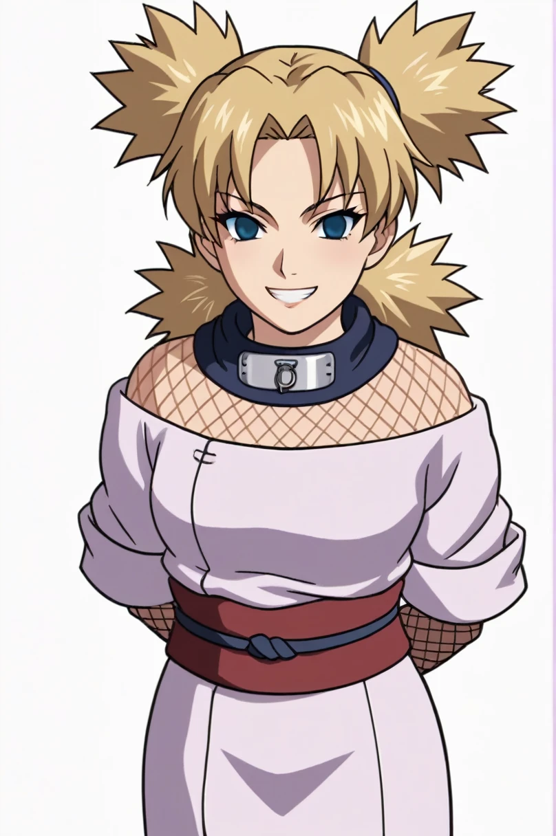 score_9, score_8_up, score_7_up, score_6_up, score_5_up, score_4_up, BREAK, source_anime, ytemari, 1girl, blonde hair, quad tails, blue eyes, fishnets, purple garment, sash, hands behind back, smile, upper body, looking at viewer, solo, simple background, white background, anime screencap, anime coloring, holding male chastity cage, extreme evil facial expression