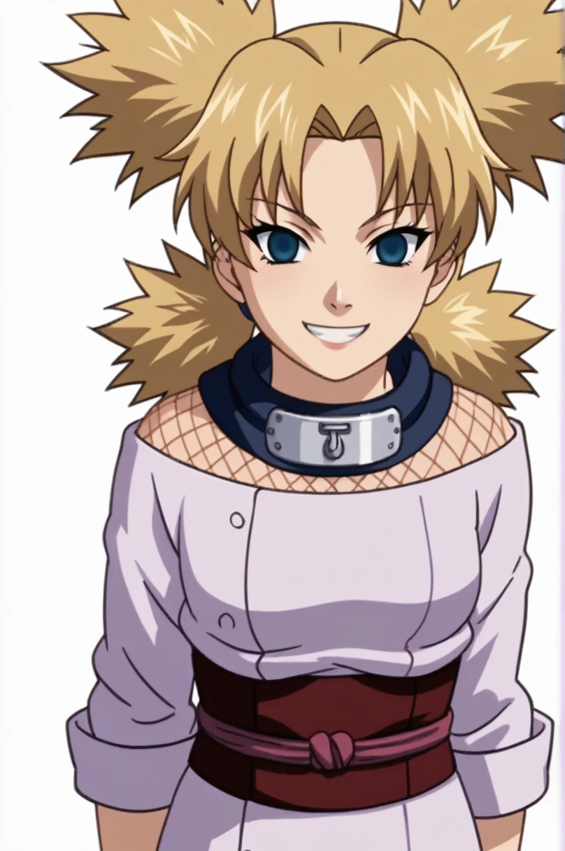 score_9, score_8_up, score_7_up, score_6_up, score_5_up, score_4_up, BREAK, source_anime, ytemari, 1girl, blonde hair, quad tails, blue eyes, fishnets, purple garment, sash, hands behind back, smile, upper body, looking at viewer, solo, simple background, white background, anime screencap, anime coloring, holding male chastity cage, extreme evil facial expression