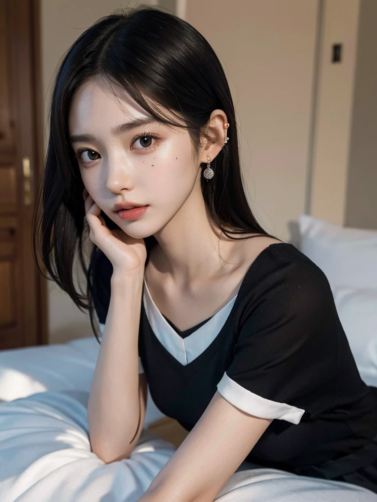 absurdres, RAW photo, extremely delicate and beautiful, masterpiece, Best Quality, ultra high resolution, 32k, hyperrealistic, ultra-detailed, perfect figure, Perfect Style, Perfect balance, in her 20s, very small head, very small face, delicate facial features, tearful mole, earring, very huge round breasts, bare legs, (full body shot:1.2), medium hair, black hair, (school_uniform:1.2),
