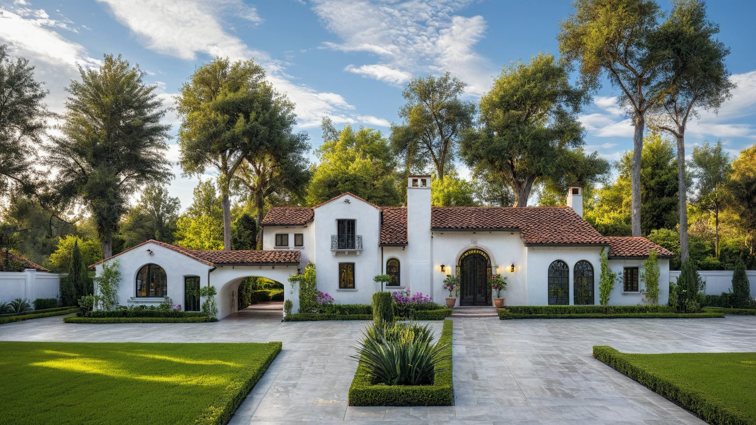 (RAW photo, masterpiece, best quality,ultra-detailed, extremely delicate and beautiful, highresolution, best shadow:1.1), A Mediterranean Italian style home with white stucco walls, black accents and windows, large front yard, vivid color, beautiful shrubs and flower, tropical tree and plants, professional photography in the style of an Italian classic home.