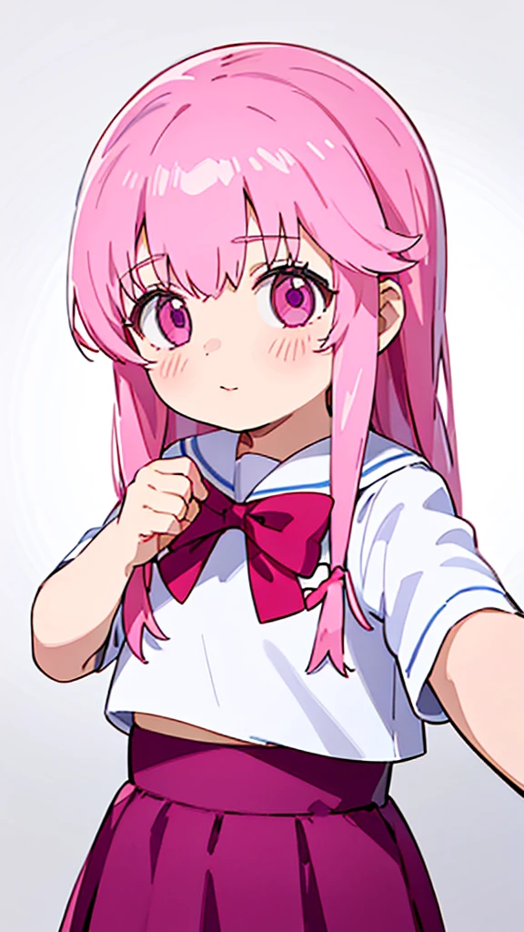 1girl,pink hair, pink eyes with love, detailed eyes, straight hair, straight bangs, shiny hair,
,red bowtie,purple skirt,purple shirt,pleated skirt,short sleeves,looking at viewer, high-definition,masterpiece,best quality, masterpiece, best quality, high resolution, aabeta, double, white simple background, standing, slim waist, cute, sailor uniform, super close up selfie, masterpiece