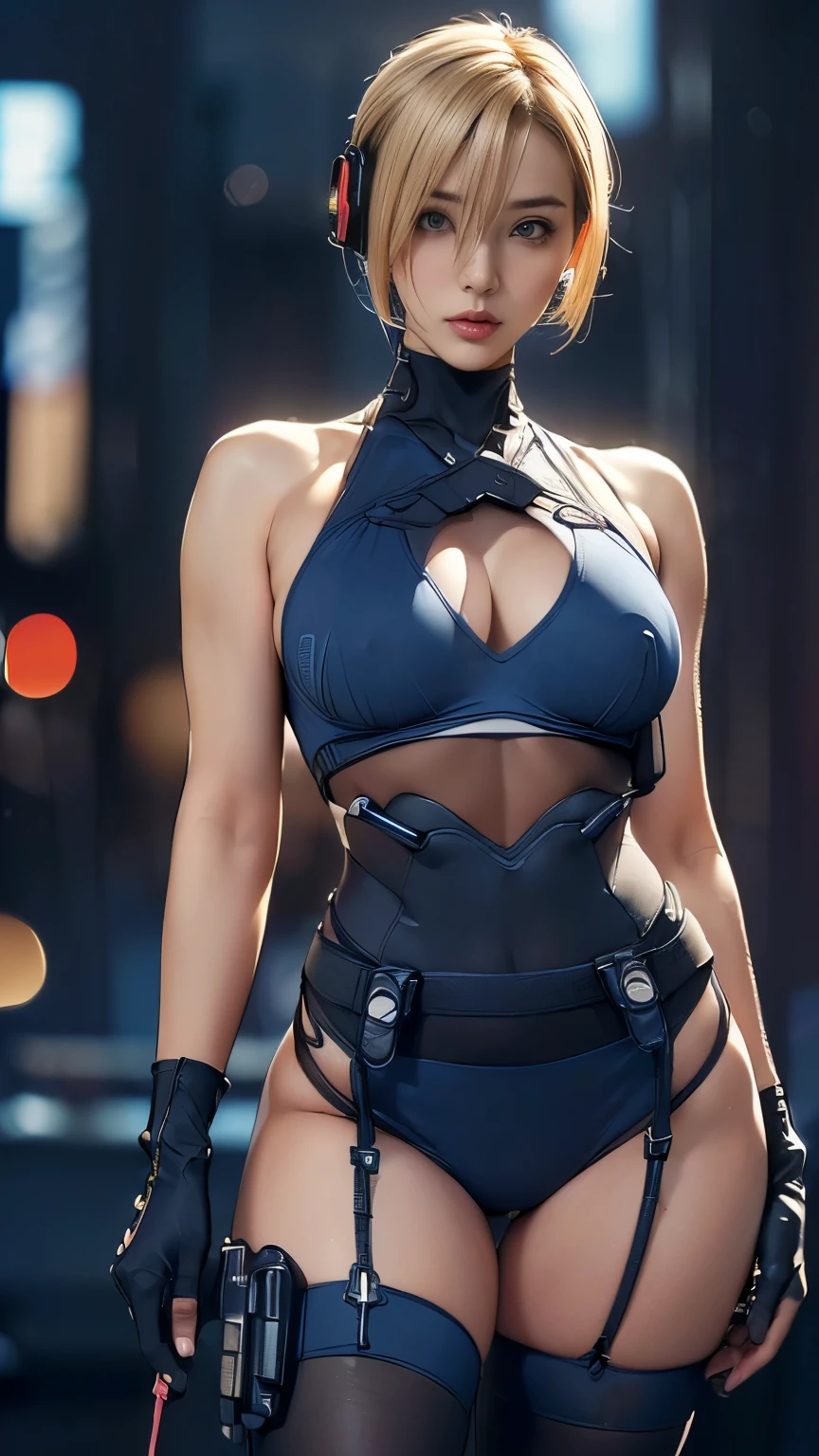 (A woman),(((A female member of the Future Force rides a motorcycle))),((Navy blue tactical tights:1.5)),((earphone:1.5)),((Tactical Holster:1.5)),(Gloves:1.5),(Serious:1.5),(Super short hair:1.5),(Blonde:1.5),(beautiful eyes:1.3),(Very detailedな顔:1.5),((Very detailedな女性の手の描画:1.5)),((muscular:1.5)),(Sexy appearance:1.5),((Thick thighs:1.5)),(Beautiful Body:1.5),((Very sensual:1.5)),(Background is hanger:1.5),(Cyberpunk atmosphere:1.5),(((Blurred Background:1.5))),(Written border depth:1.5),rest(((masterpiece:1.5),(best quality:1.5),(Very detailed:1.5),(high resolution:1.5),(Practical:1.5),(Practical:1.5),(Delicate depiction),(Carefully drawn))),8K,wallpaper