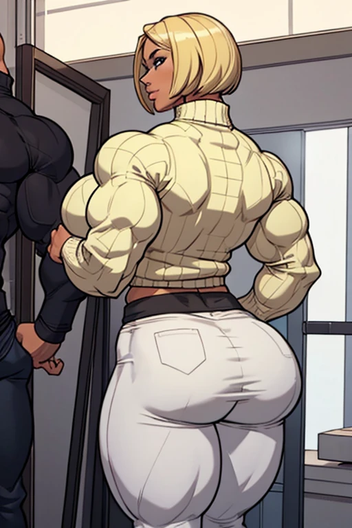 View from behind 3/4, beautiful woman, blonde bob haircut, turtleneck sweater, long baggy pants, strong well defined muscle, bulky powerful bodybuilder physique, massive muscular legs, perfect and flawless musculature, great muscle definition, massive bulging glutes, massive muscular thighs, wide feminine hips, narrow surrender waist, broad powerful shoulders
