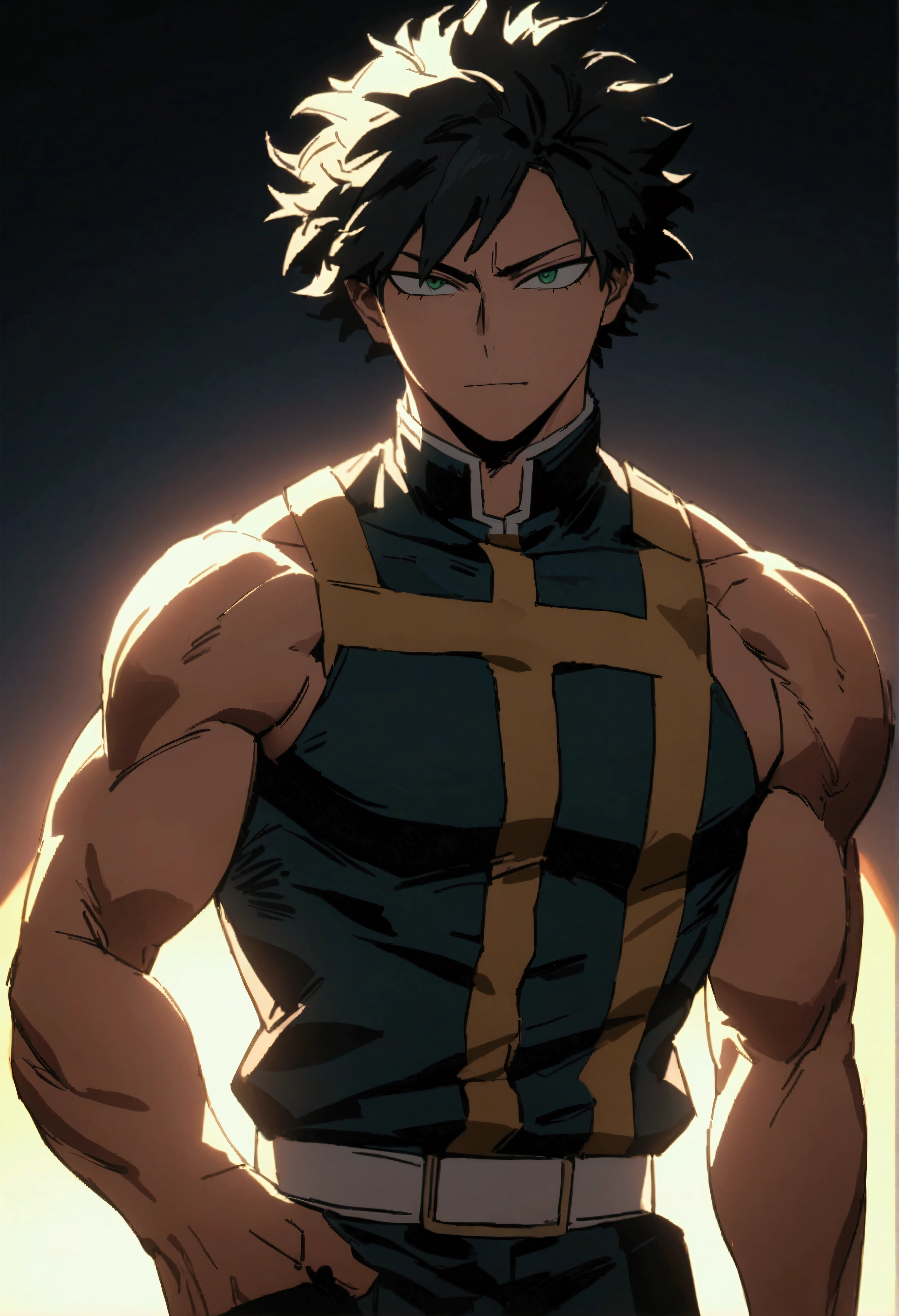  He is a 17 year old teenager, He has slightly disheveled very black hair..., somewhat light green eyes, , muscular body , sexy face, He is dressed in the anime male uniform "my hero academia", evil face, 8k, high quality, masterpiece, dramatic lighting, cinematic, vivid colors