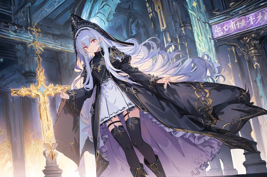 [(cathedral background:1.4)::5],Original,(Illustration:1.1),(Best Quality),(masutepiece:1.1),(the Extremely Detailed CG Unity 8K Wallpapers:1.1), (Colorful:0.9),(mid-shot:0.95),(Full body:1.5),Dynamic Angle,(Solo:1.2), (girl),(((Adult))), (Detailed beautiful eyes:1.15), (Beautiful face:1.15), (Glowing black eyes:1.25////),(Blue Long Hair),(nun headdress),(+perfect hand+:1.21),(Draw an illustration of a Holy Knight Wizard),(Religious),(slender),(she has boots on her feet),((I'm wearing black knee-high socks)),Smile,(Ruffled miniskirt with metal embellishments),beautiful slender adult,((theater background)),dynamic pose,dynamic angle,