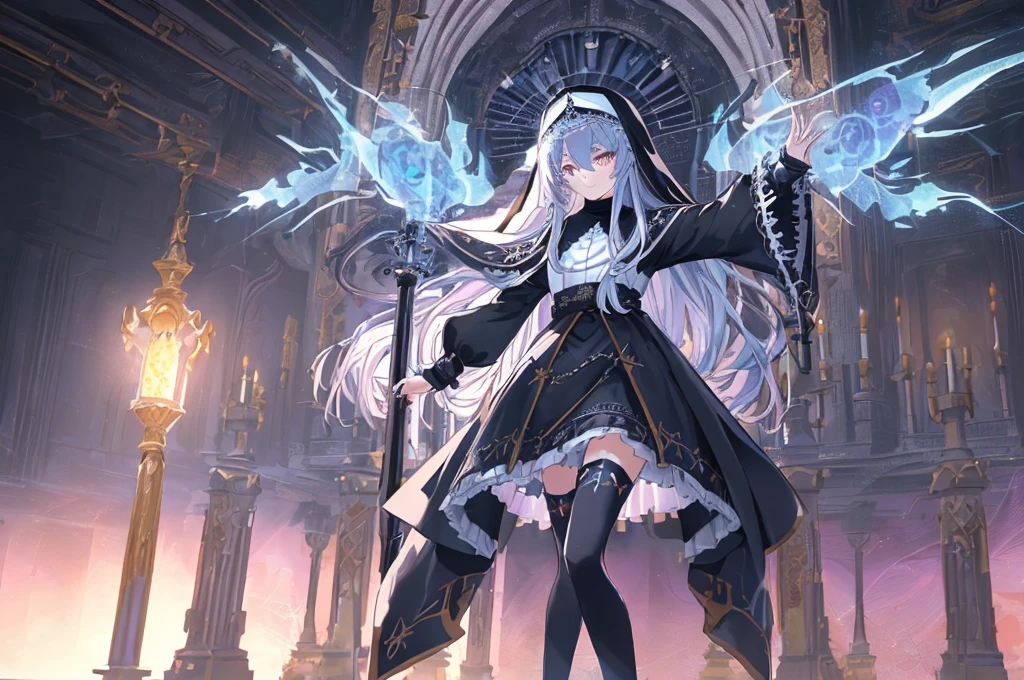 [(cathedral background:1.4)::5],Original,(Illustration:1.1),(Best Quality),(masutepiece:1.1),(the Extremely Detailed CG Unity 8K Wallpapers:1.1), (Colorful:0.9),(mid-shot:0.95),(Full body:1.5),Dynamic Angle,(Solo:1.2), (girl),(((Adult))), (Detailed beautiful eyes:1.15), (Beautiful face:1.15), (Glowing black eyes:1.25////),(Blue Long Hair),(nun headdress),(+perfect hand+:1.21),(Draw an illustration of a Holy Knight Wizard),(Religious),(slender),(she has boots on her feet),((I'm wearing black knee-high socks)),Smile,(Ruffled miniskirt with metal embellishments),beautiful slender adult,((theater background)),dynamic pose,dynamic angle,