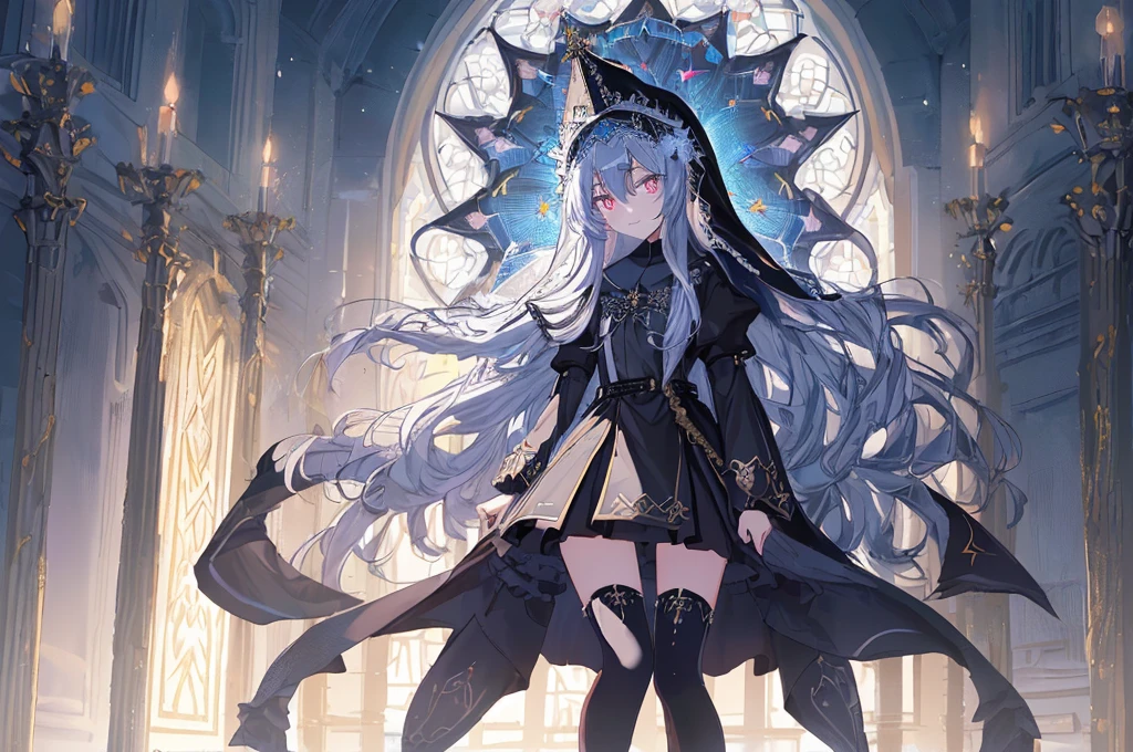 [(cathedral background:1.4)::5],Original,(Illustration:1.1),(Best Quality),(masutepiece:1.1),(the Extremely Detailed CG Unity 8K Wallpapers:1.1), (Colorful:0.9),(mid-shot:0.95),(Full body:1.5),Dynamic Angle,(Solo:1.2), (girl),(((Adult))), (Detailed beautiful eyes:1.15), (Beautiful face:1.15), (Glowing black eyes:1.25////),(Blue Long Hair),(nun headdress),(+perfect hand+:1.21),(Draw an illustration of a Holy Knight Wizard),(Religious),(slender),(she has boots on her feet),((I'm wearing black knee-high socks)),Smile,(Ruffled miniskirt with metal embellishments),beautiful slender adult,((theater background)),dynamic pose,dynamic angle,