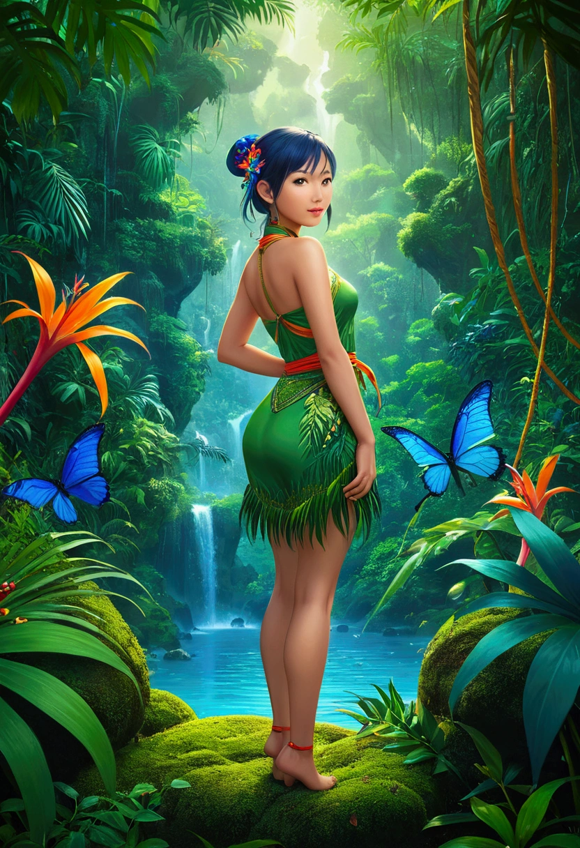Jungle Adventure, full body, by Miki Asai, cinematic still, (best quality, masterpiece), very aesthetic, perfect composition, intricate details, ultra-detailed, vivid colors
