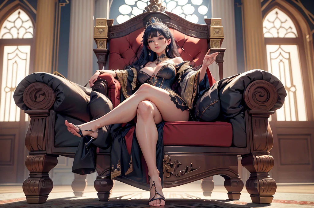 a haughty woman sits on an upholstered armchair, her posture exuding an air of unquestionable superiority. she stretches out one leg, leaving her bare foot exposed for all to see. a look of contempt, like that of a disdainful queen with icy indifference. her eyes convey a clear message: she knows she reigns at the top of the social hierarchy and demands recognition of her greatness. in the low-angle foreground, the foot with its 5 toes is offered with admiration mixed with desire and devotion. Foot fetishism takes on an almost sacred dimension in her presence. Her foot, displayed as an object of supreme desire, becomes a symbol of power and domination. In this haughty posture, she embodies the very essence of power and domination, reigning as uncontested mistress over her realm of desires and fantasies, offering her foot as an object of veneration and submission. And thanks to the low-angle effect, the view of the haughty woman's feet further accentuates her imposing domination and disdainful attitude, intensifying the contrast between her perceived grandeur and those who gaze at her with respect and fascination.