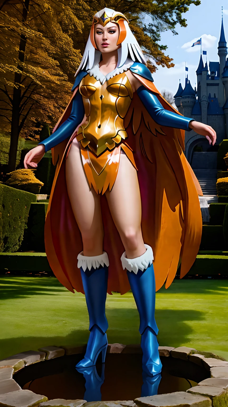 ((Full body photo, standing, feet on the floor)) a woman, HHUD, ((1girl)), full body, motu_sorceress, gorgeous woman, realistic, blue and white long sleeved v-neck bodysuit with feather detailing, eagle headdress, (orange and blue feather cloak:1.2), blue boots with white fur trim, (extremely detailed 8k wallpaper), masterpiece, best quality, ((intricate detail)), absurdres, ((perfect face)), ((perfect hands:1.3)), (soft smile:1.3), dynamic angle, dynamic pose, ((fantasy castle setting:1.2)), outdoors, 