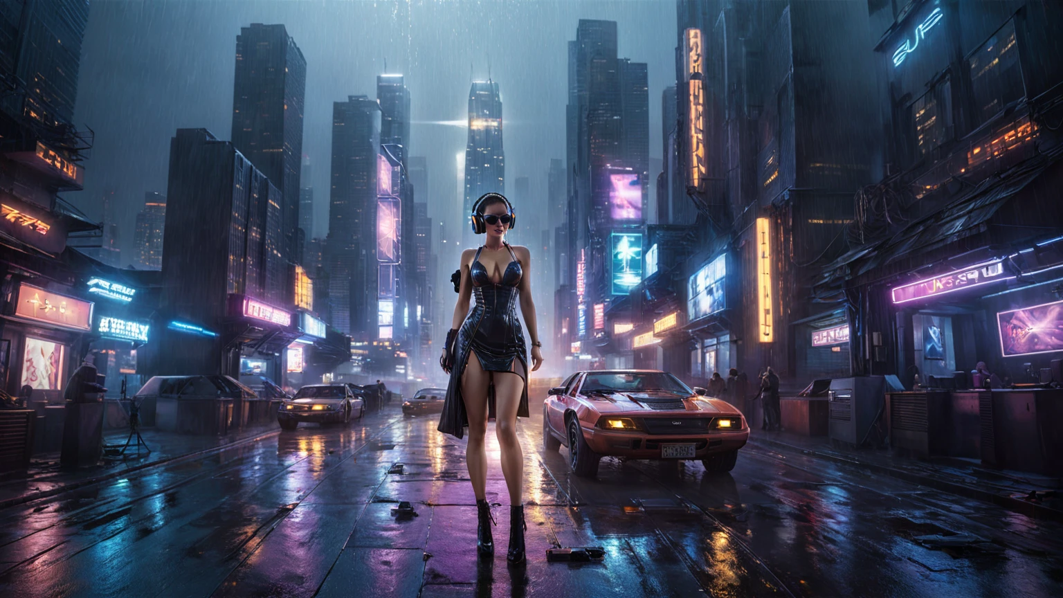 (((aerial view))), (flying cars docking platform), Blade Runner style futuristic city, neon lights, rainy night. 1girl, solo, alone, large-breast:1.2 slim body, cleavage:1.1, sexy wind blowing wet dress:1.4, headphone, (black sunglasses), (((she raised a pistol:1.8 and shot:1.8 the viewer))), dynamic pose, (half-body thigh level medium shot), cinematic vortex back lighting, lens flare, ray tracing, blurred:1.4 background.
