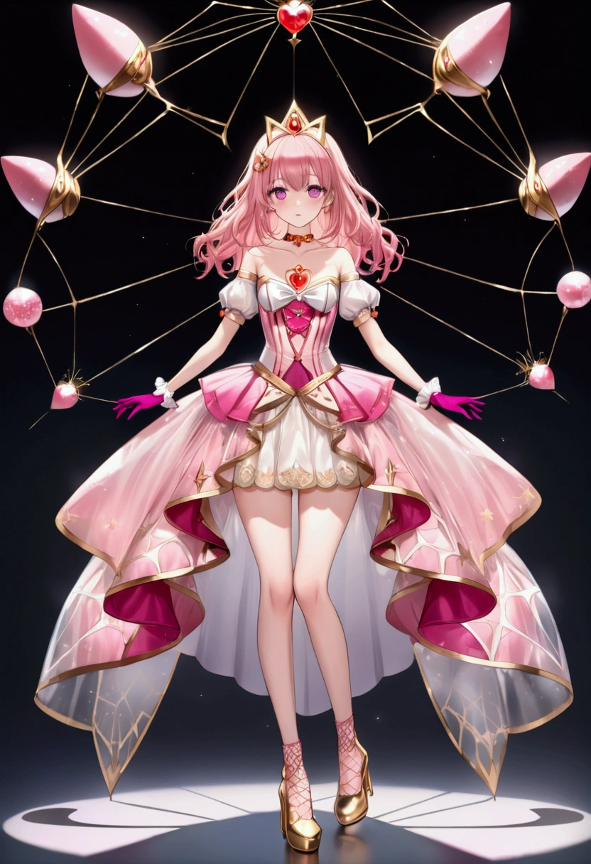 Create an anime-style girl with (((deep magenta eyes and long, wavy pink hair))) ((styled in an elegant frenchbraid)). (((She is slender, and  with small breasts))). ((Ensure a full-body shot of her)) wearing a (((magical girl-themed outfit.))) ((The outfit features a fitted bodice with a sweetheart neckline, gold embroidery, and pastel pink accents. The bodice has delicate rose gold spider web patterns. She wears a multi-layered knee-length skirt with a high-low hemline, the outermost layer sheer with gold and rose gold spider web patterns. She has off-the-shoulder puff sleeves, arm-length pastel pink gloves with gold trim, and a gold choker with a red gemstone. The outfit includes a short, detachable sheer cape with rose gold spider web patterns and is fastened with gold brooches. She wears pastel pink ankle boots with gold heels and rose gold laces. Accessories include a gold tiara with a red gemstone and gold spider-shaped hairpins.)) The overall look is regal and ethereal, with magical glowing effects. cutesexy, purinpuon pixiv, no future, a hyperrealistic , hyperrealistic , realistic , seductive (anime girl), smooth anime cg art, beautiful alluring anime , (purinpuon pixiv), ((magical girl)), (masterpiece), best quality, expressive eyes, perfect face ((Highest quality))、((8K))、(((8k wallpaper))) ((Full Body Shot: 1.5))、ultra detailed, masterpiece, best quality, solo ((purinpuon pixiv, no future)) (((purinpuon pixiv, no future)))