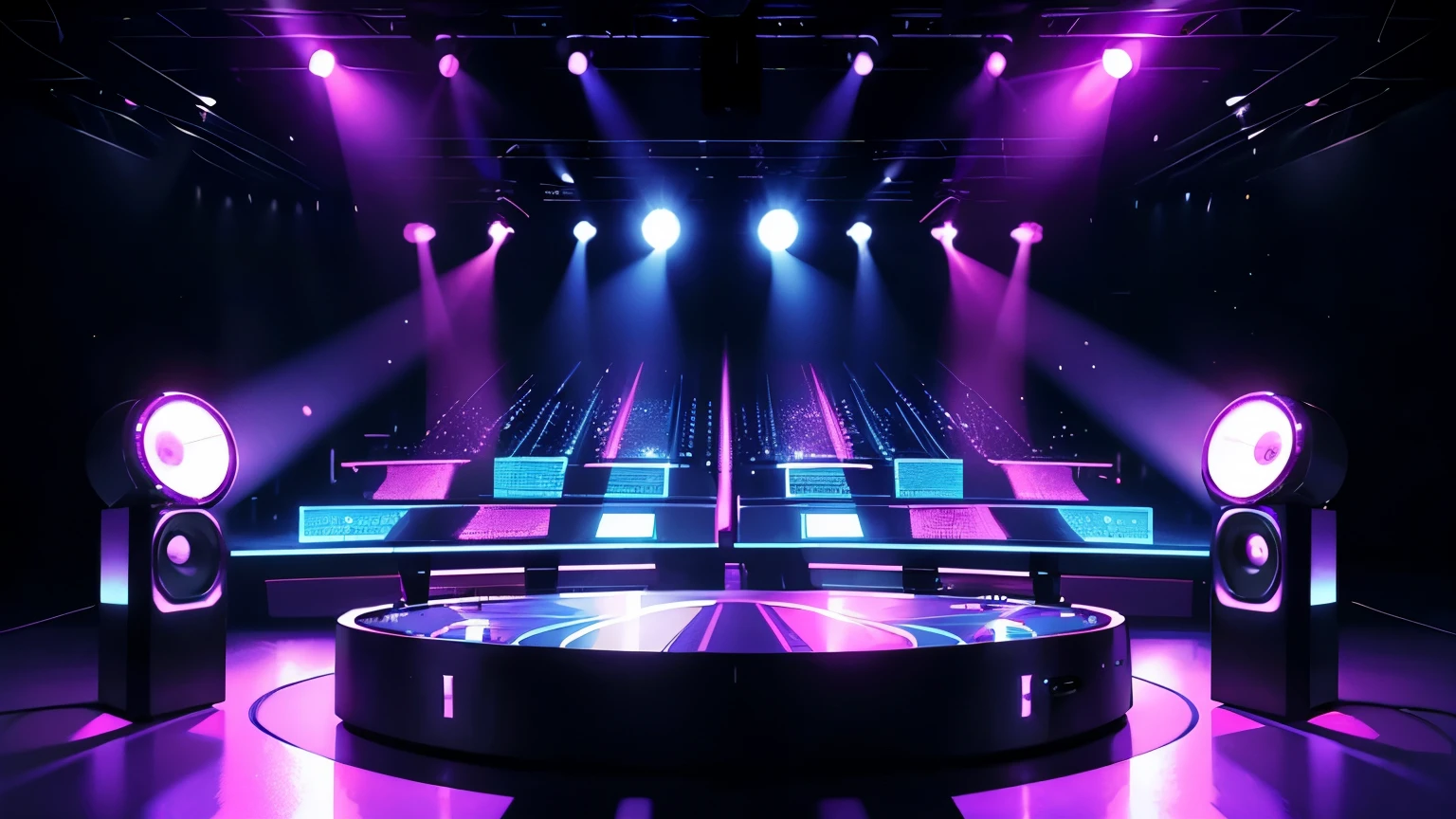 criar um ambiente de disco on 70,80s , eletronic style, stage, lights, power speakers,amplicadores de som,equelizadores, no figures no ambiente, color lights decoration, unique disco