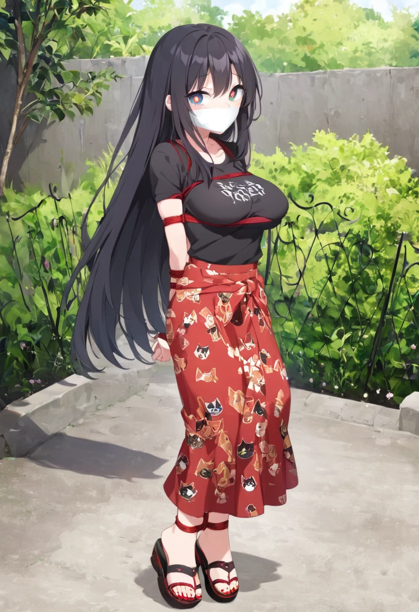 score_9, score_8_up, source_anime, 1girl, solo,The photo shows a young person standing outdoors,  They are smiling and wearing a black t-shirt with a design featuring a cat and text, paired with a patterned red sarong or long skirt and sandals. The background appears to be a garden or a green outdoor area..(bound wirsts), (arms behind back), (tapegag, tape gag), dramatic,  (looking at viewer), (detailed pupils:1.3), ,red rope, thick rope,normal breast,full body ,long hair,black hair,