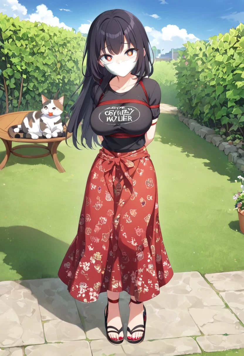 score_9, score_8_up, source_anime, 1girl, solo,The photo shows a young person standing outdoors,  They are smiling and wearing a black t-shirt with a design featuring a cat and text, paired with a patterned red sarong or long skirt and sandals. The background appears to be a garden or a green outdoor area..(bound wirsts), (arms behind back), (tapegag, tape gag), dramatic,  (looking at viewer), (detailed pupils:1.3), ,red rope, thick rope,normal breast,full body ,long hair,black hair,