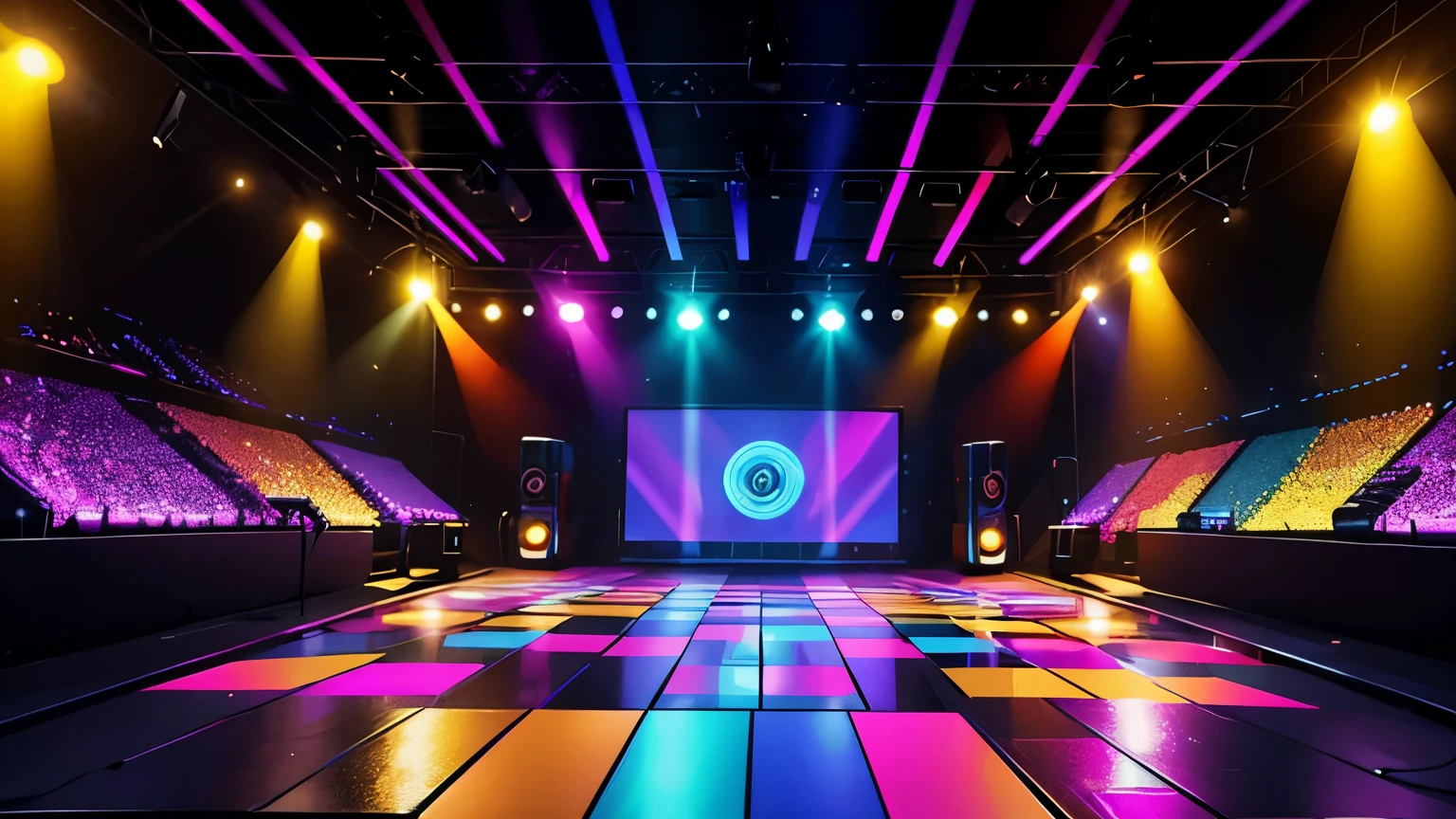 criar um ambiente de disco on 70,80s , eletronic style, stage, lights, power speakers,amplicadores de som,equelizadores, no figures no ambiente, color lights decoration, unique disco