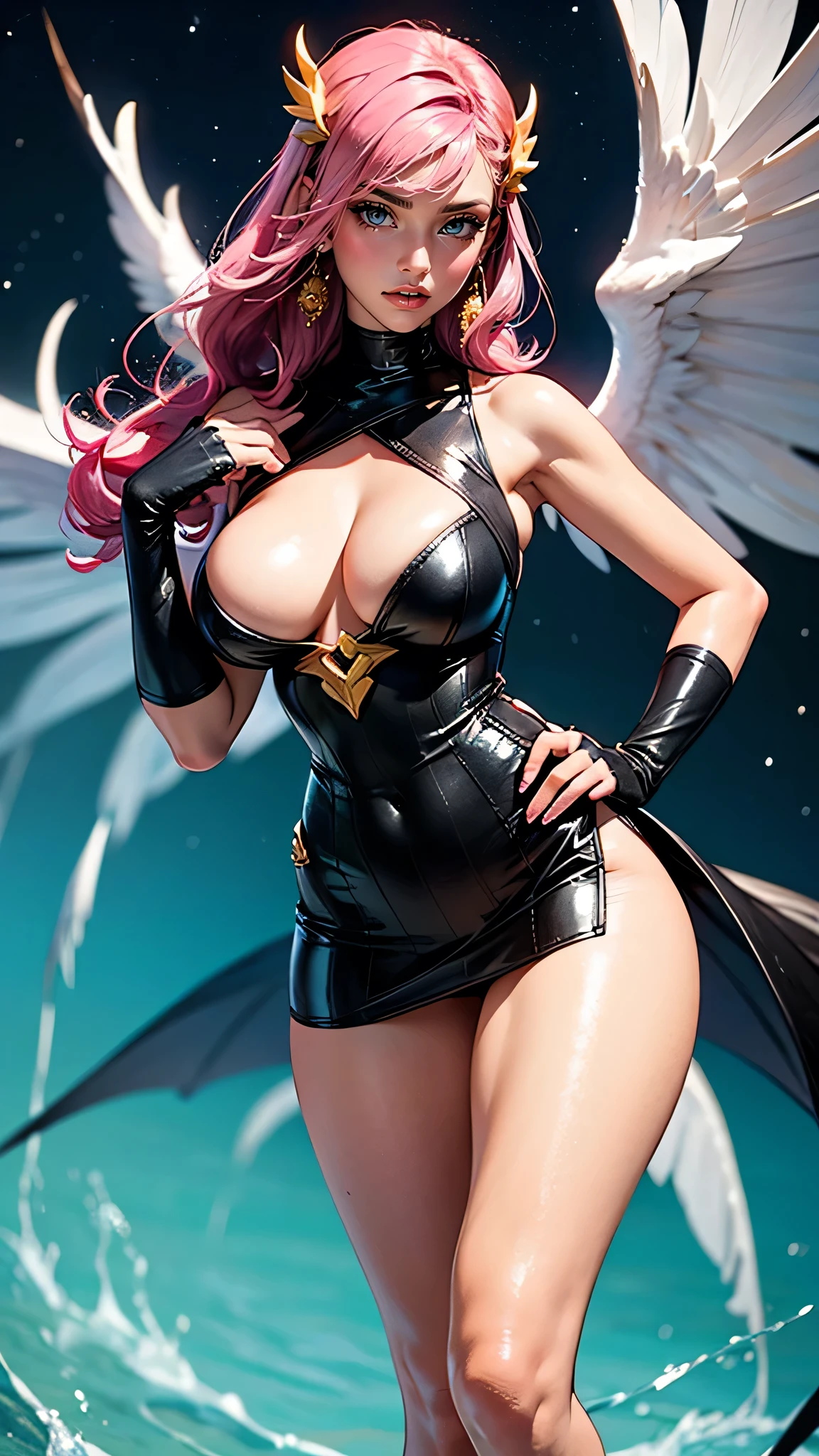 ((best qualityer)), ((work of art)), (detailded), ((best quality)), ((Artwork)), (detailded), 1 girl, ombro to ombro sweater, photorrealistic, high resolution, 1 women, mature woman, standing alone, hips up,purples eyes, cuddly, Star Guardian (League of Legends), pink hair, mitts, long hair, thick-thighs, overskirt, elbow mitts, hand on hip, bare shoulders, standing alone, wings, white mitts, breast out, pink eyes, bangss, magie, hair ornament