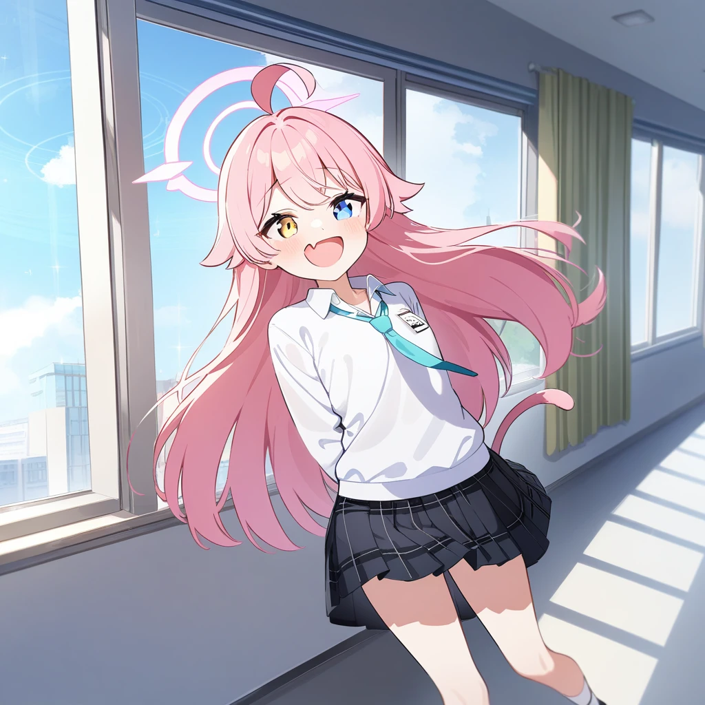 （masterpiece：1.2，high quality），4K，High resolution，A little girl of 16 years old，cute girl， Takanashi Hoshino（Blue Archive），pink hair，long hair，ahoge，yellow and light blue eyes，heterochromia，laughing，skin fang，Wearing a white shirt，tie，Black plaid pleated skirt，Standing in the room，Next to it is the window，curtain，High School Students，thigh，alone，cat tail，((Hands behind your back))