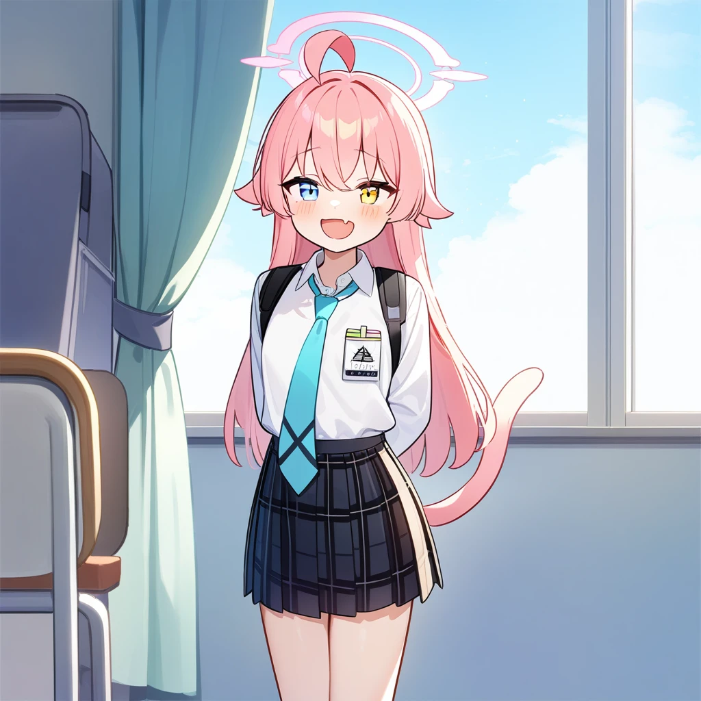 (masterpiece:1.2,high quality),4K,High resolution,A little girl of 16 years old,cute girl, Takanashi Hoshino(Blue Archive),pink hair,long hair,ahoge,yellow and light blue eyes,heterochromia,laughing,skin fang,Wearing a white shirt,tie,Black plaid pleated skirt,Standing in the room,Next to it is the window,curtain,High School Students,thigh,alone,cat tail,((Hands behind your back))