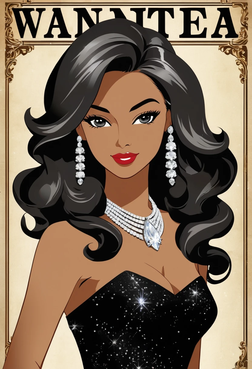 "Generate an image of a wanted poster featuring a glamorous hostess named Himeka. She is depicted in a stylish and elegant dress with sparkling jewelry. Her hair is styled in loose waves, and she has a confident and alluring expression. The wanted poster includes a photo of her, bold 'WANTED' text at the top, and details like her name (Himeka), a reward amount, and her description. The background of the poster is aged and slightly worn."
