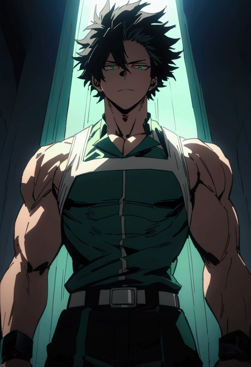  He is a 17 year old teenager, He has slightly disheveled very black hair..., somewhat light green eyes, , muscular body , sexy face, He is dressed in the anime male uniform "my hero academia", evil face, 8k, high quality, masterpiece, dramatic lighting, cinematic, vivid colors, shining green eyes 
